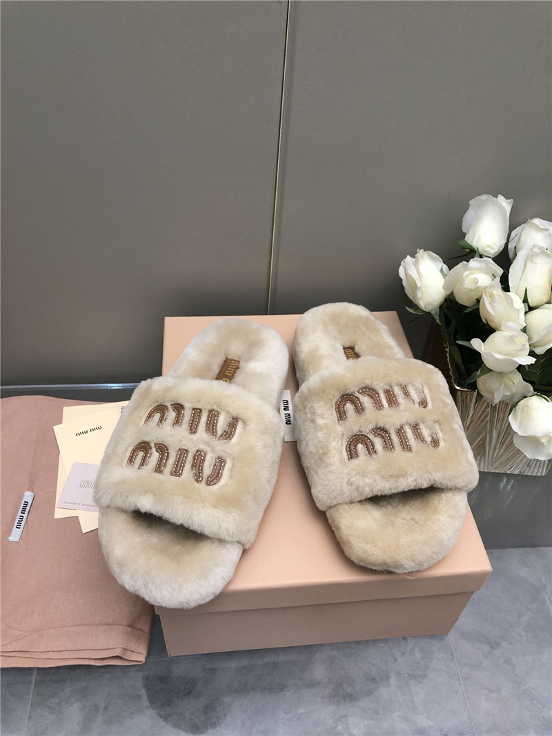 Miu Miu Lettering Logo Shearling Slides Natural