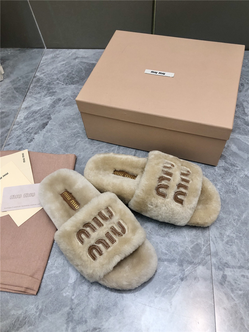 Miu Miu Lettering Logo Shearling Slides Natural