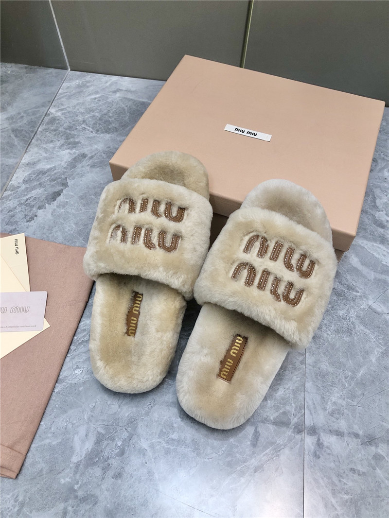 Miu Miu Lettering Logo Shearling Slides Natural