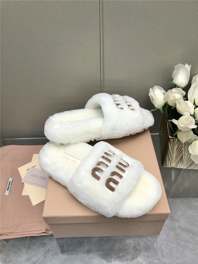 Miu Miu White Lettering Logo Shearling Slides