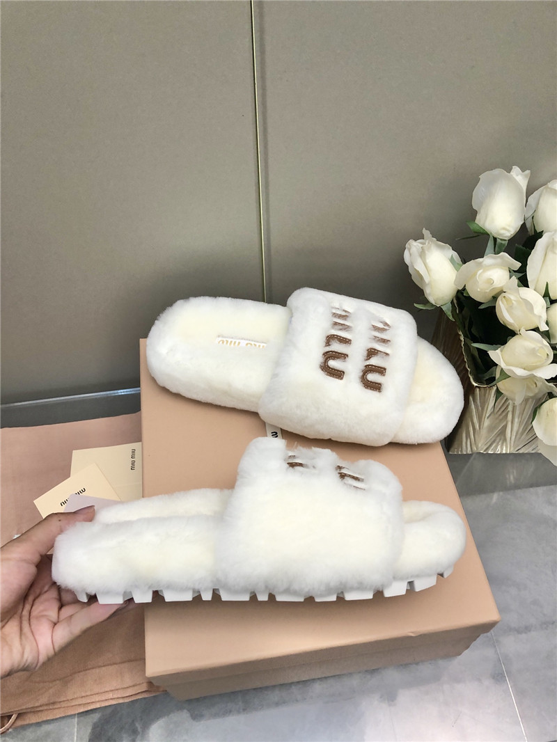 Miu Miu White Lettering Logo Shearling Slides