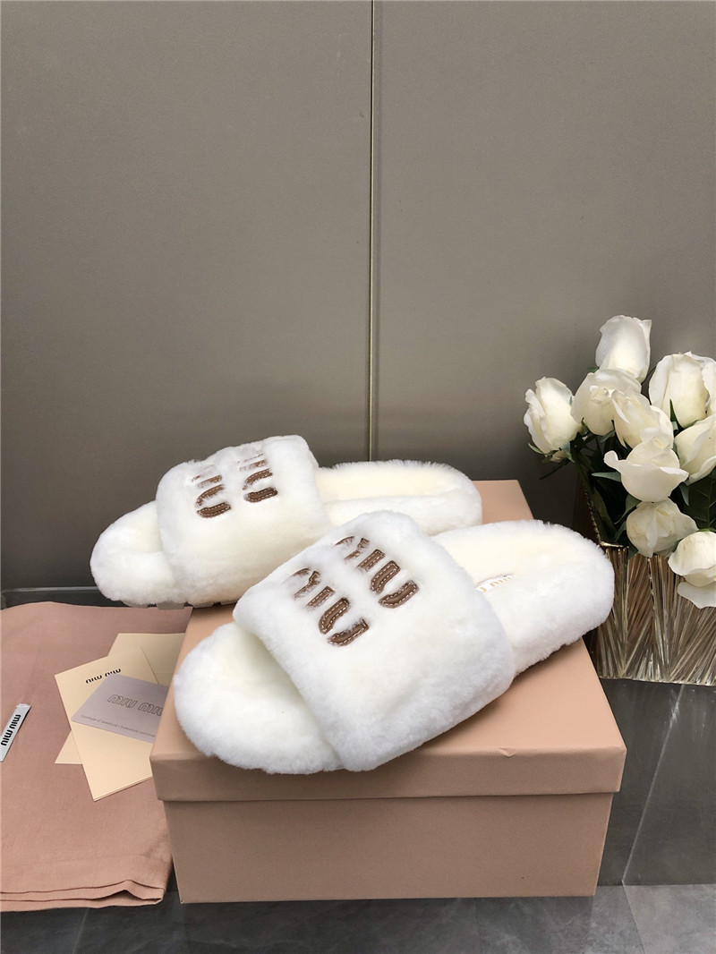 Miu Miu White Lettering Logo Shearling Slides