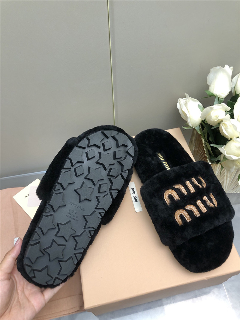 Miu Miu Lettering Logo Shearling Slides Black