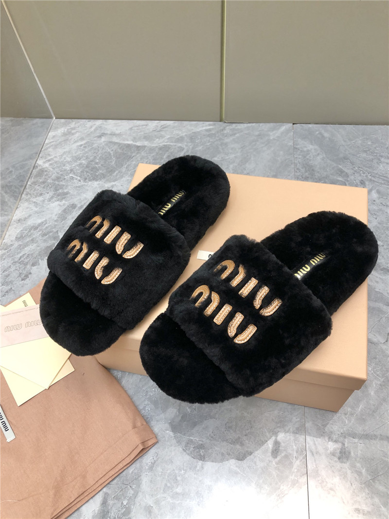 Miu Miu Lettering Logo Shearling Slides Black