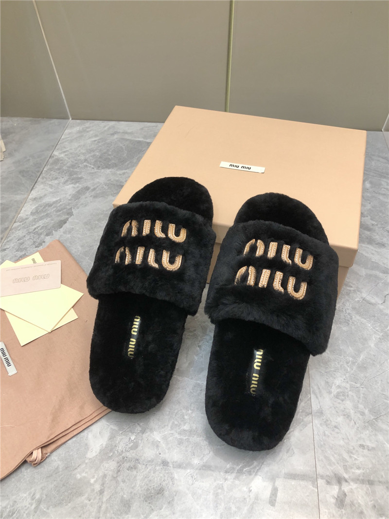 Miu Miu Lettering Logo Shearling Slides Black