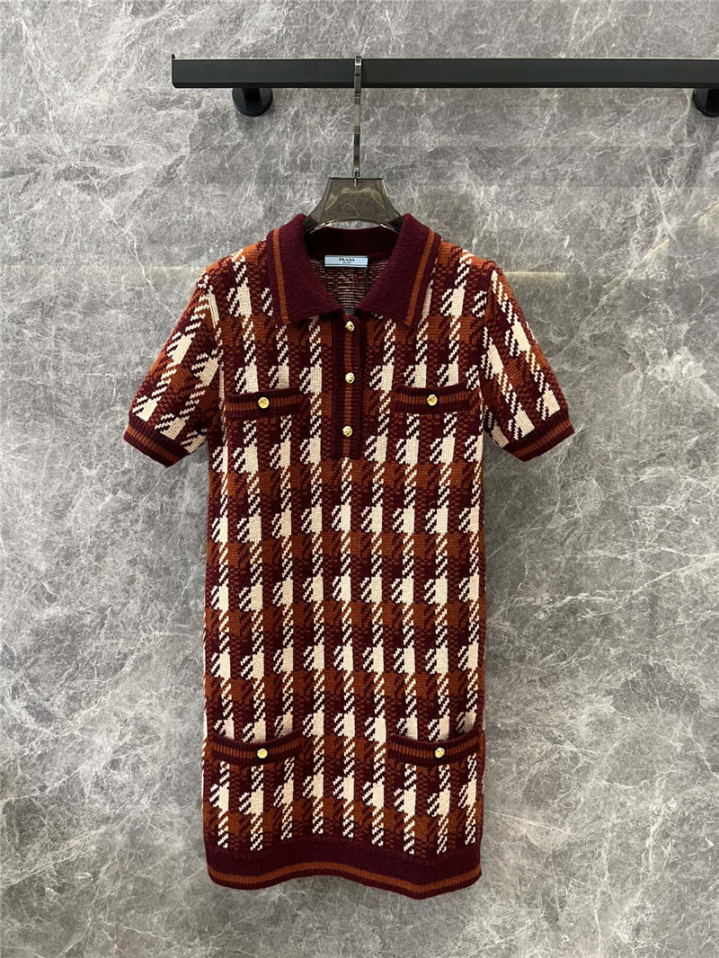 Pra*a plaid short-sleeved knitted polo skirt replica d&g clothing