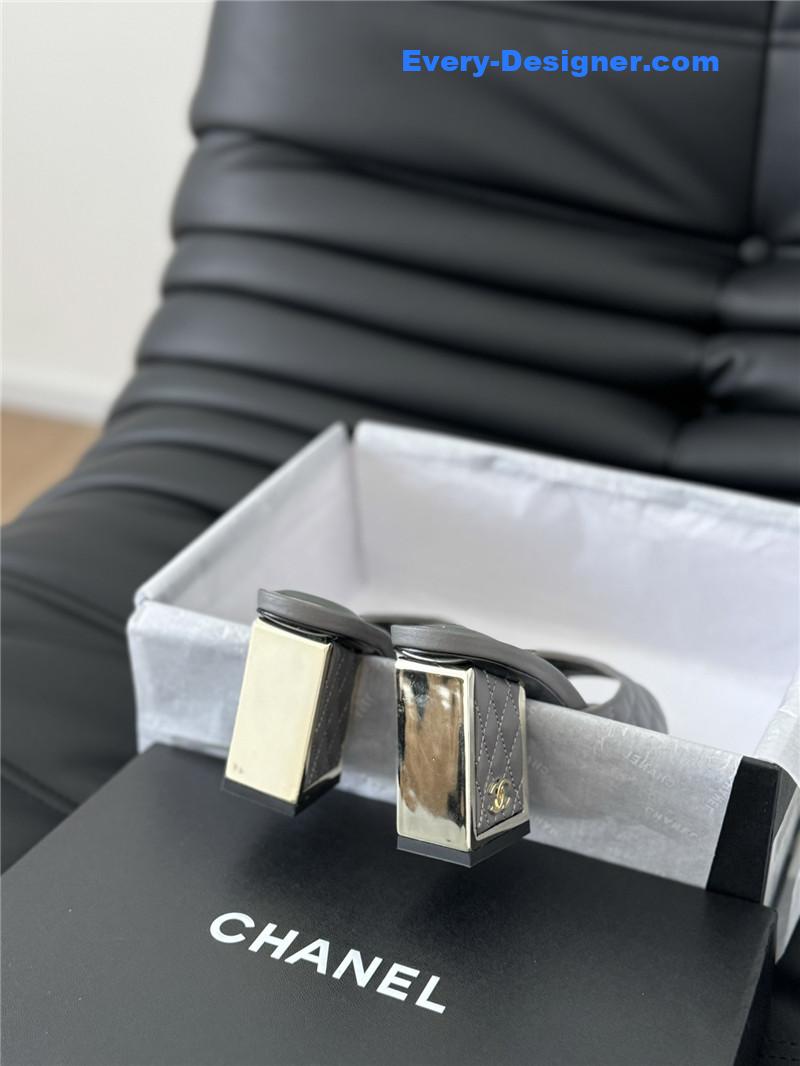 Ch**el grey lambskin quilted open toe mary jane mules