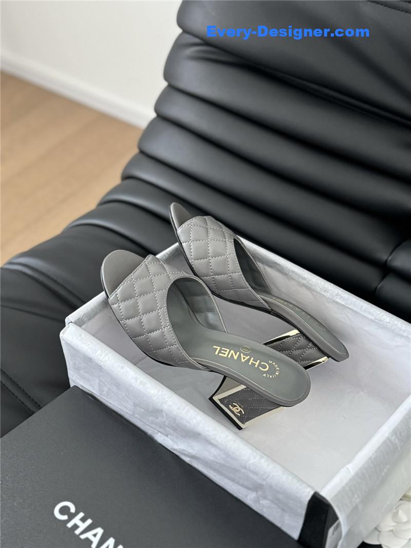 Ch**el grey lambskin quilted open toe mary jane mules