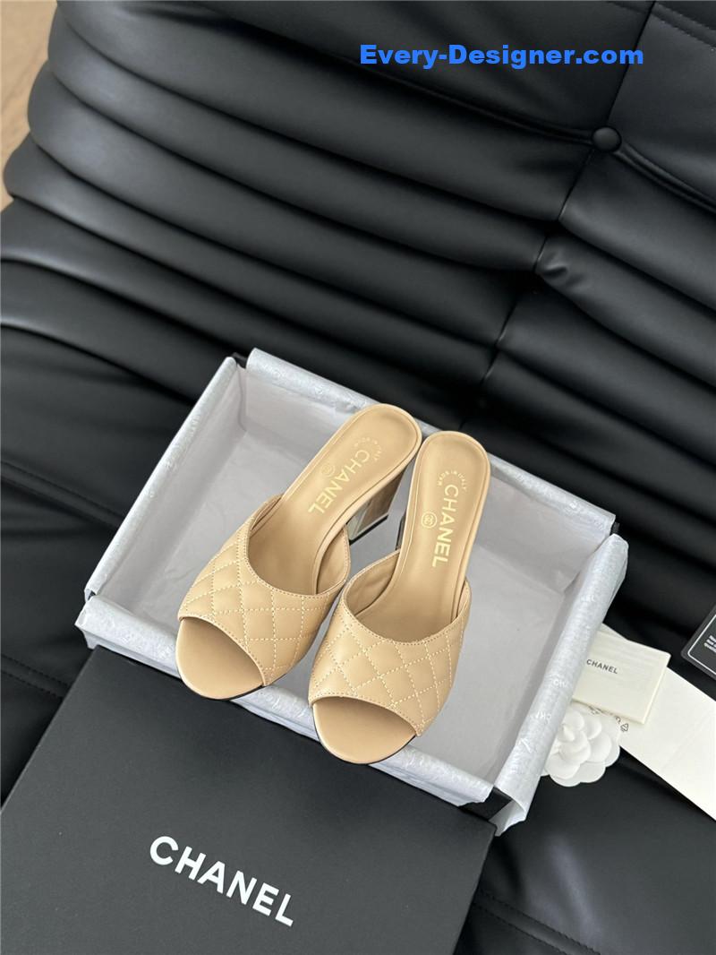 Ch**el beige lambskin quilted open toe mary jane mules