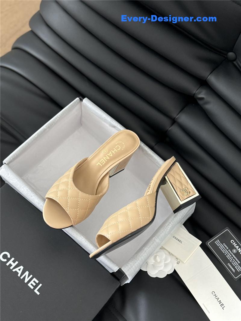 Ch**el beige lambskin quilted open toe mary jane mules