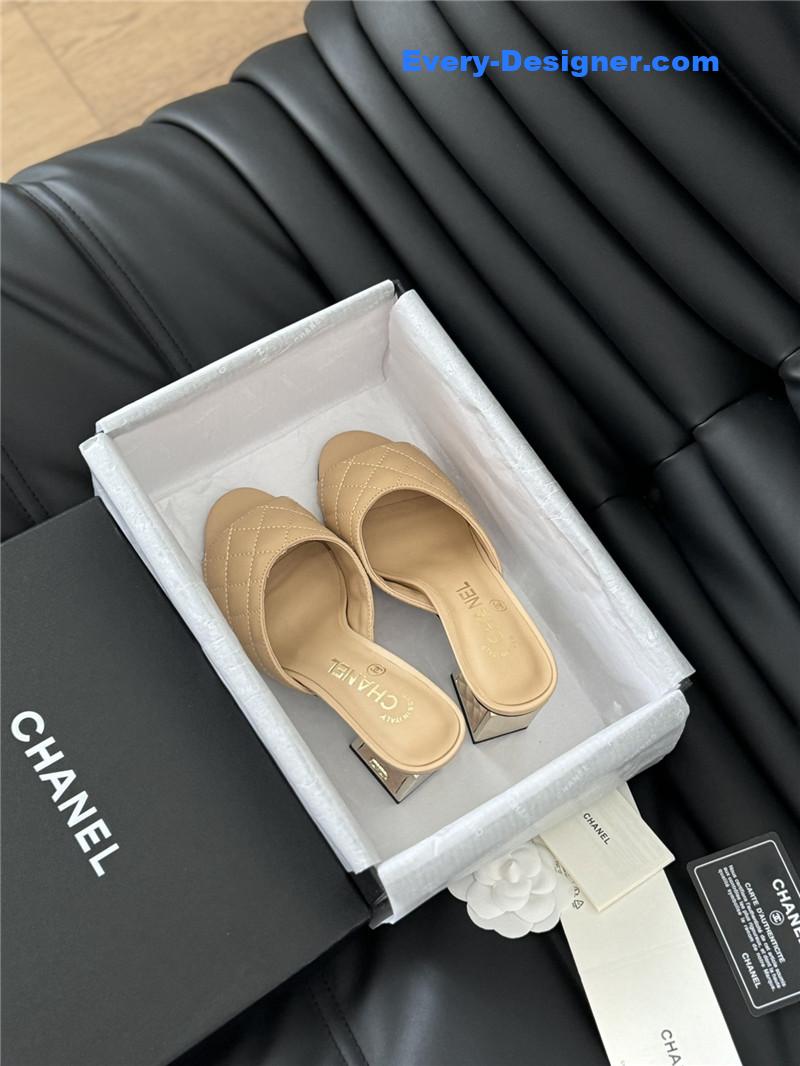 Ch**el beige lambskin quilted open toe mary jane mules