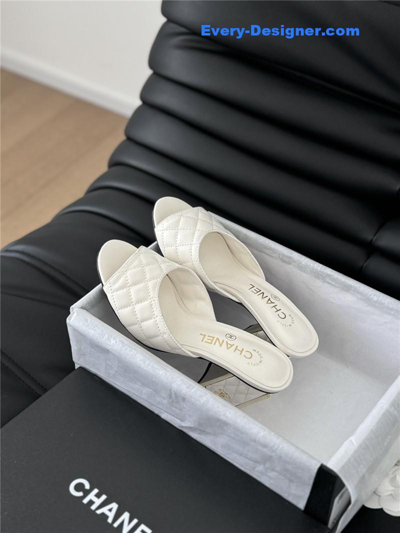 Ch**el white lambskin quilted open toe mary jane mules