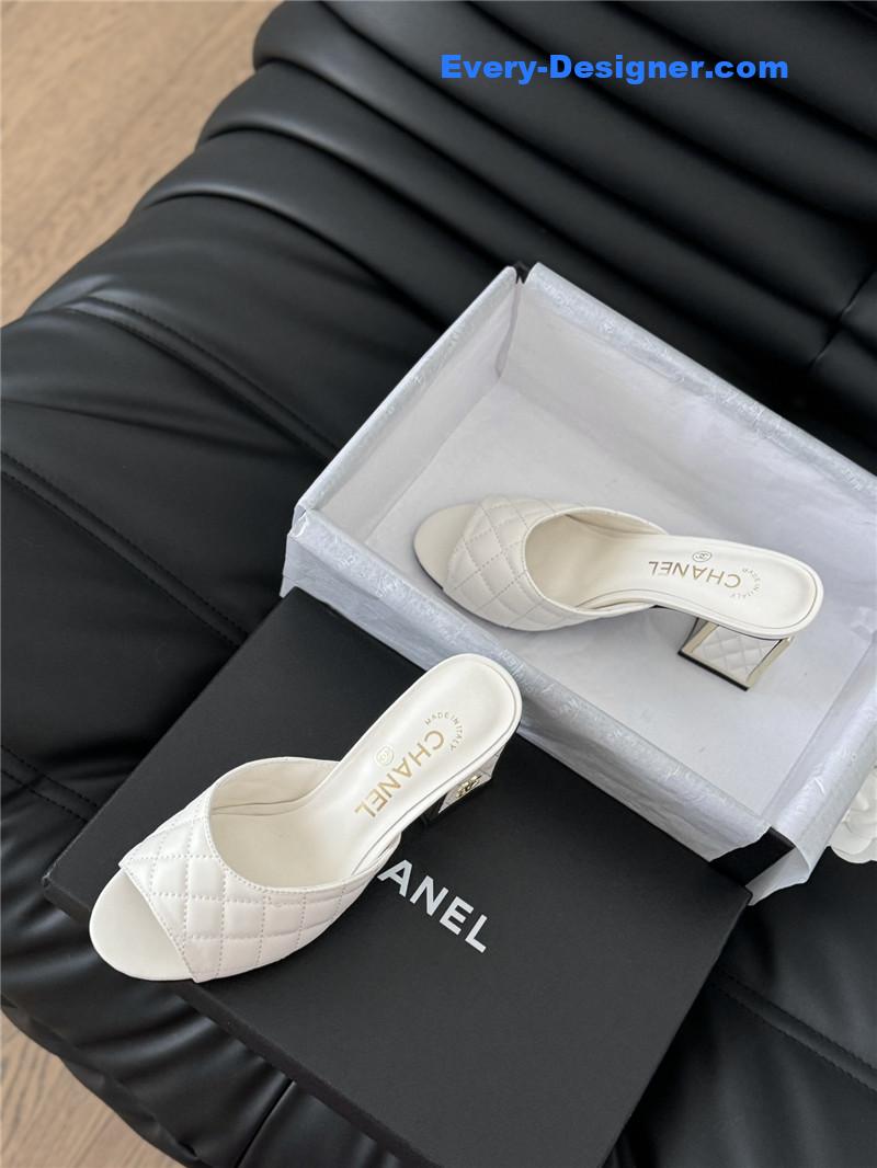Ch**el white lambskin quilted open toe mary jane mules