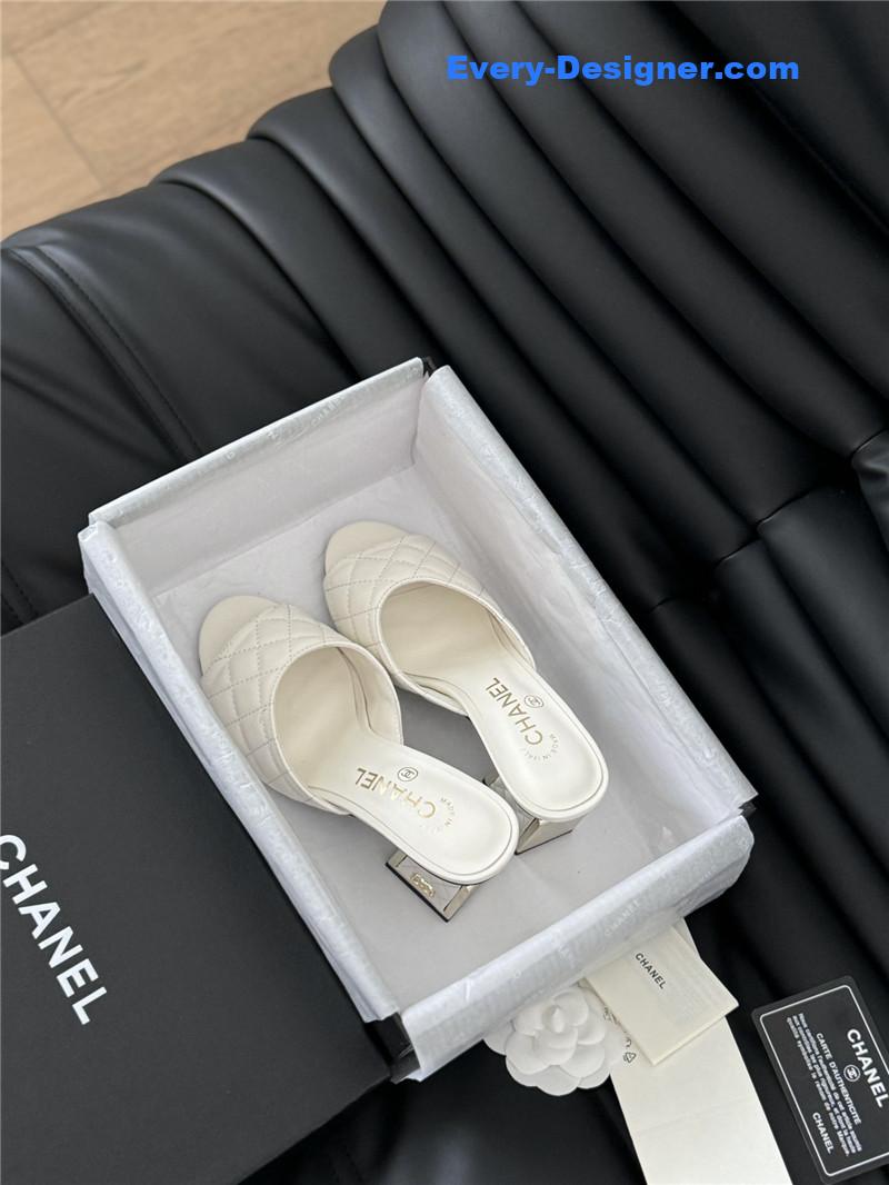 Ch**el white lambskin quilted open toe mary jane mules