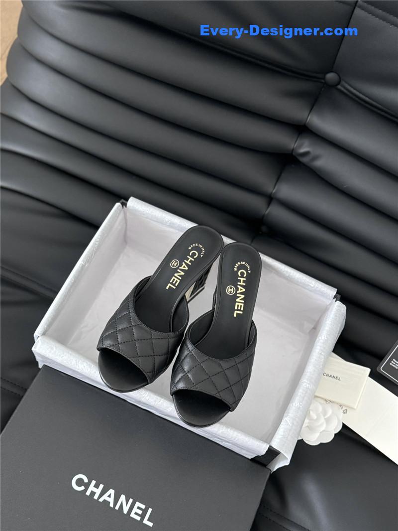 Ch**el black lambskin quilted open toe mary jane mules