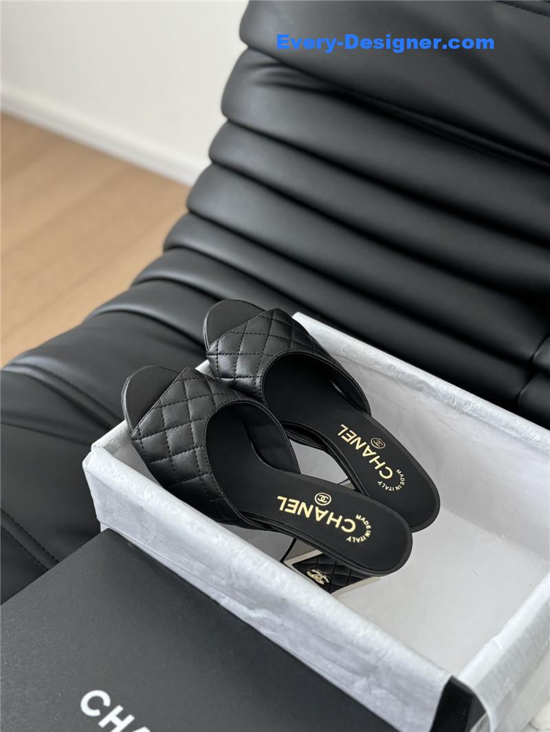 Ch**el black lambskin quilted open toe mary jane mules