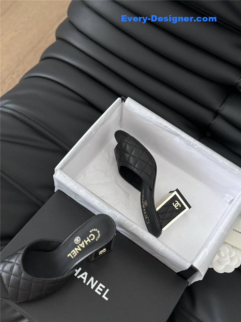 Ch**el black lambskin quilted open toe mary jane mules