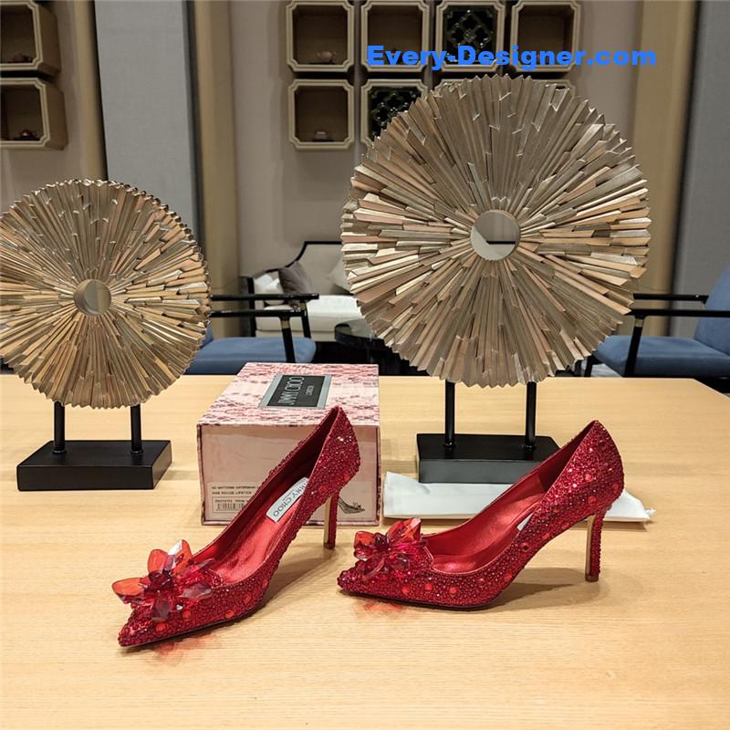 J1m*y Ch00 red crystal-covered pointy toe pumps