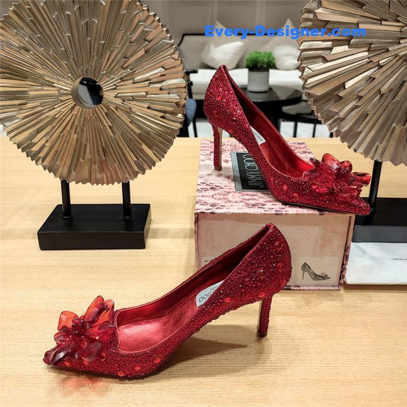 J1m*y Ch00 red crystal-covered pointy toe pumps