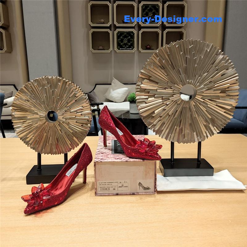 J1m*y Ch00 red crystal-covered pointy toe pumps