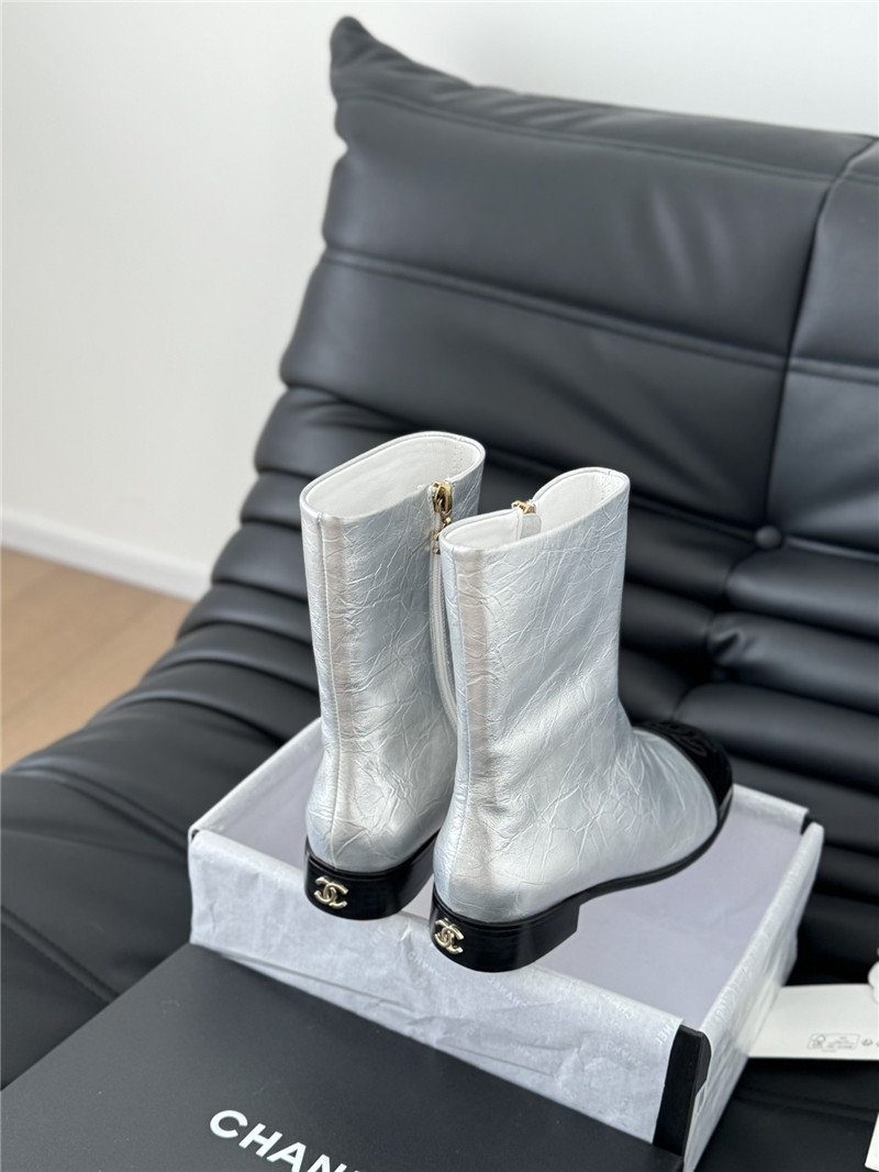 Ch**el silver calfskin zipper ankle boots