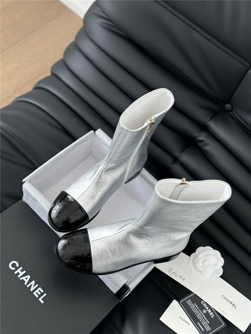 Ch**el silver calfskin zipper ankle boots