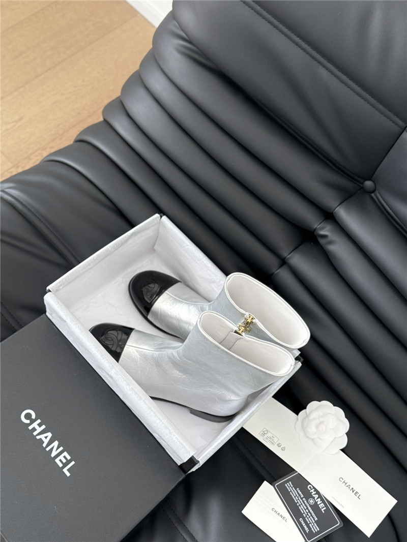 Ch**el silver calfskin zipper ankle boots