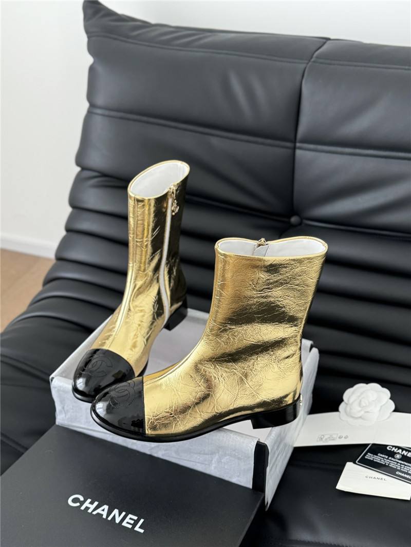 Ch**el gold calfskin zipper ankle boots