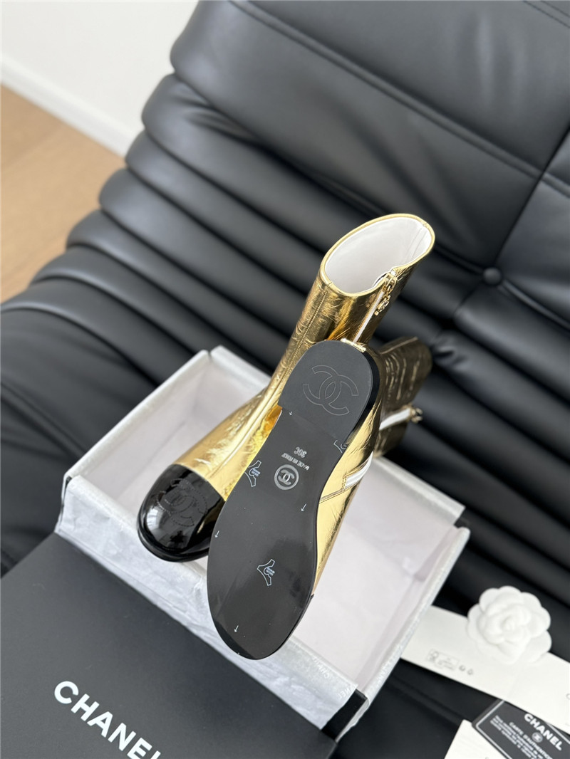 Ch**el gold calfskin zipper ankle boots