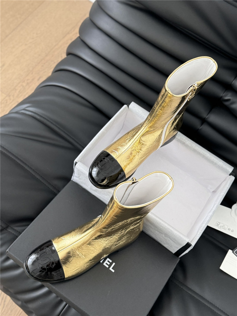 Ch**el gold calfskin zipper ankle boots