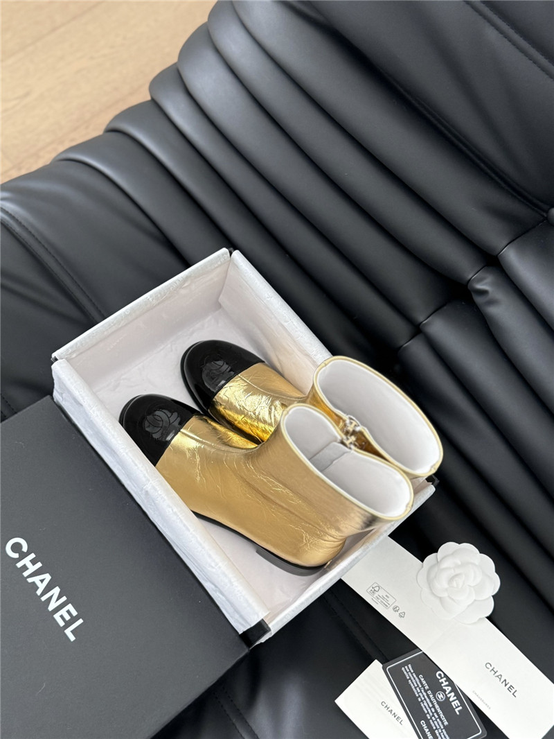 Ch**el gold calfskin zipper ankle boots