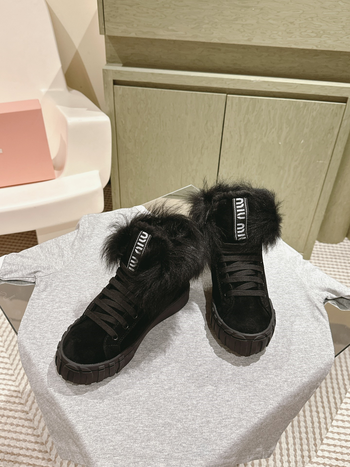 Miu Miu High-Top Black Shearling-Lined Sneakers