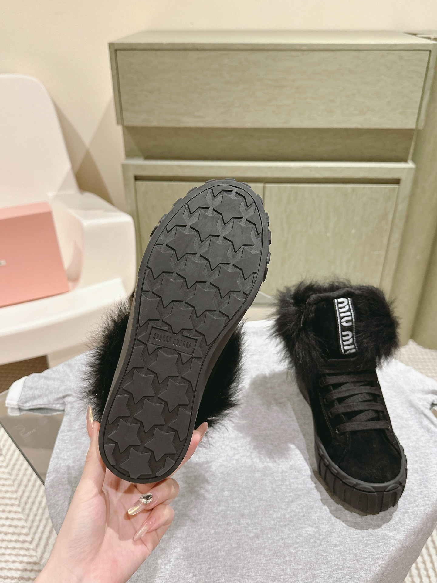 Miu Miu High-Top Black Shearling-Lined Sneakers
