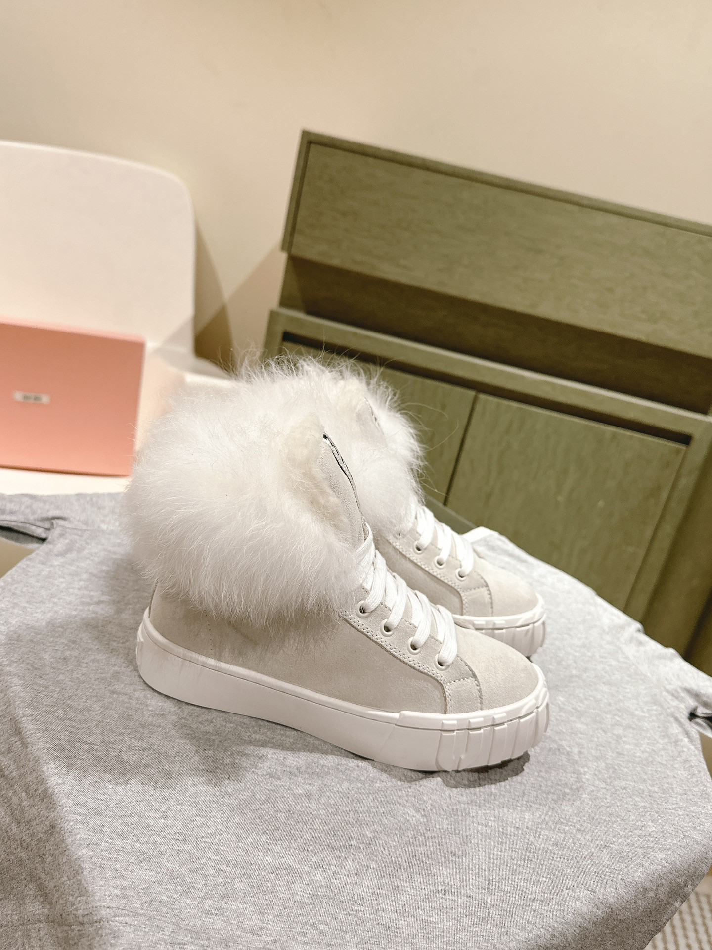 Miu Miu High Top Shearling-Lined Suede Sneakers Beige