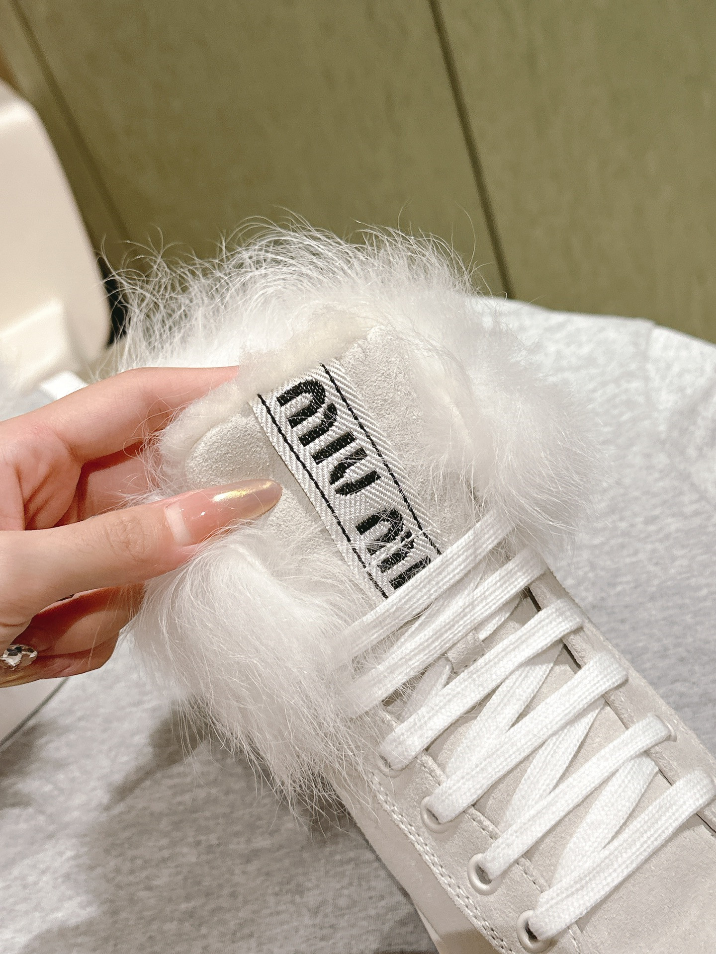 Miu Miu High Top Shearling-Lined Suede Sneakers Beige