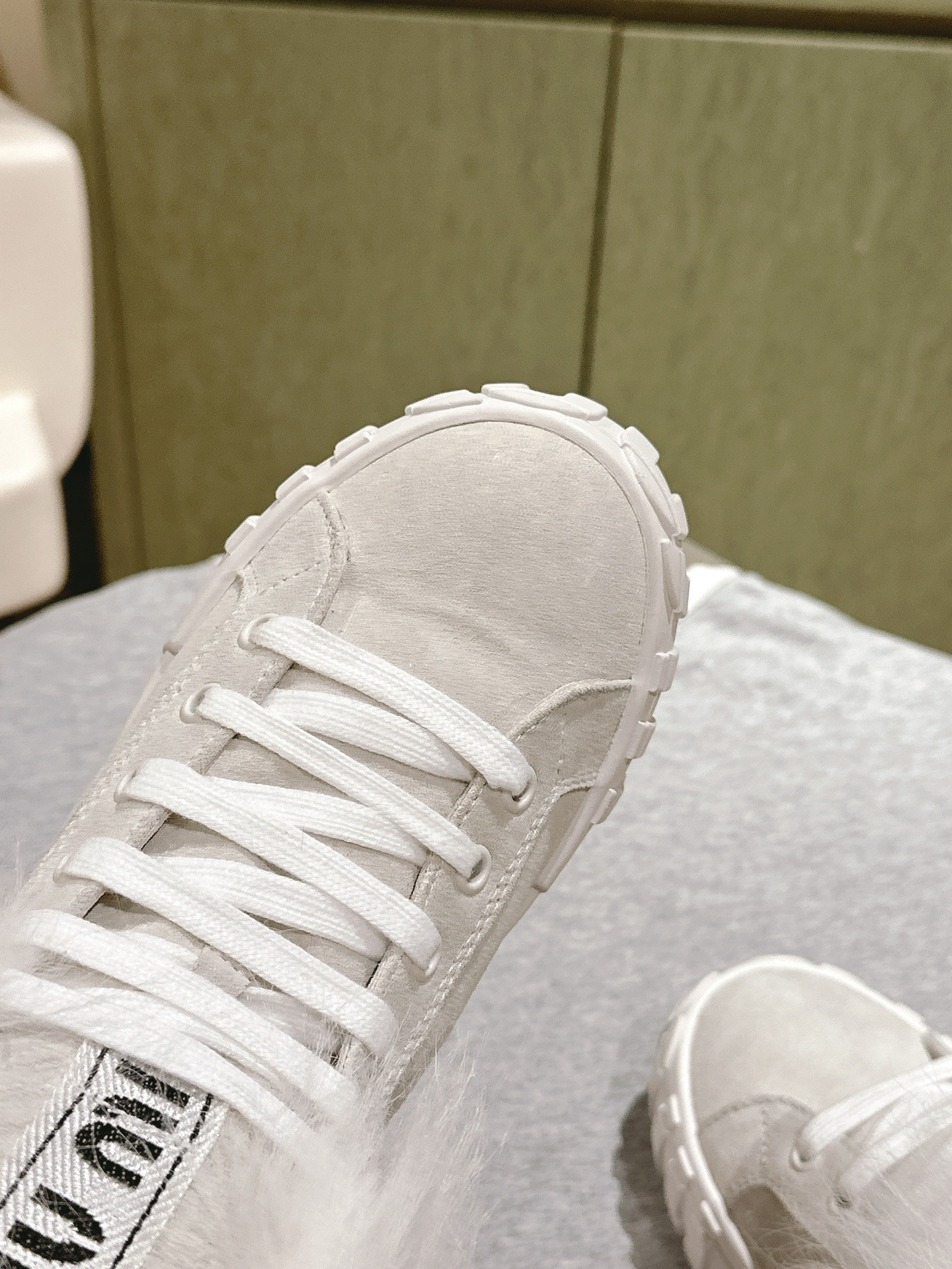 Miu Miu High Top Shearling-Lined Suede Sneakers Beige