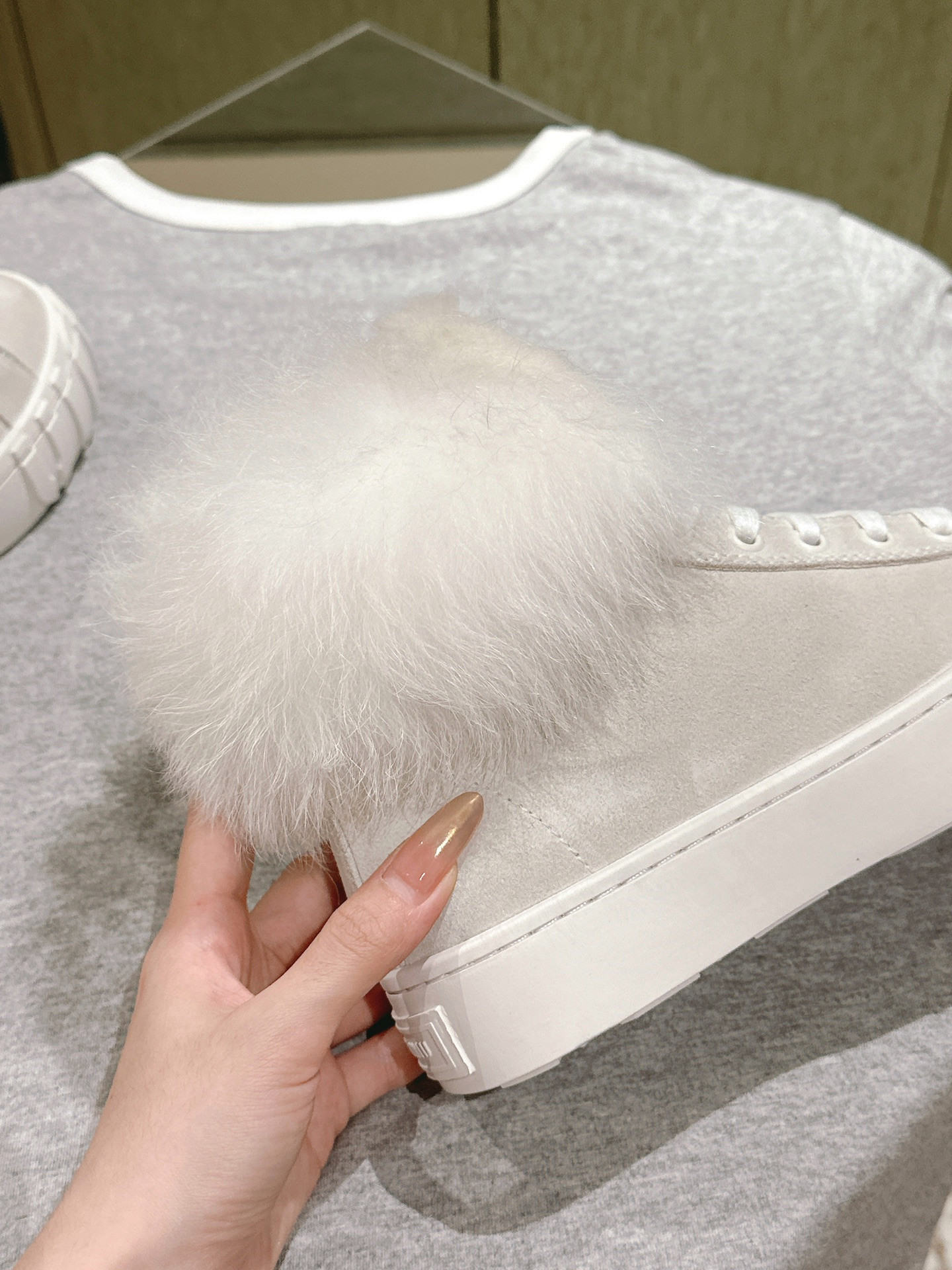 Miu Miu High Top Shearling-Lined Suede Sneakers Beige