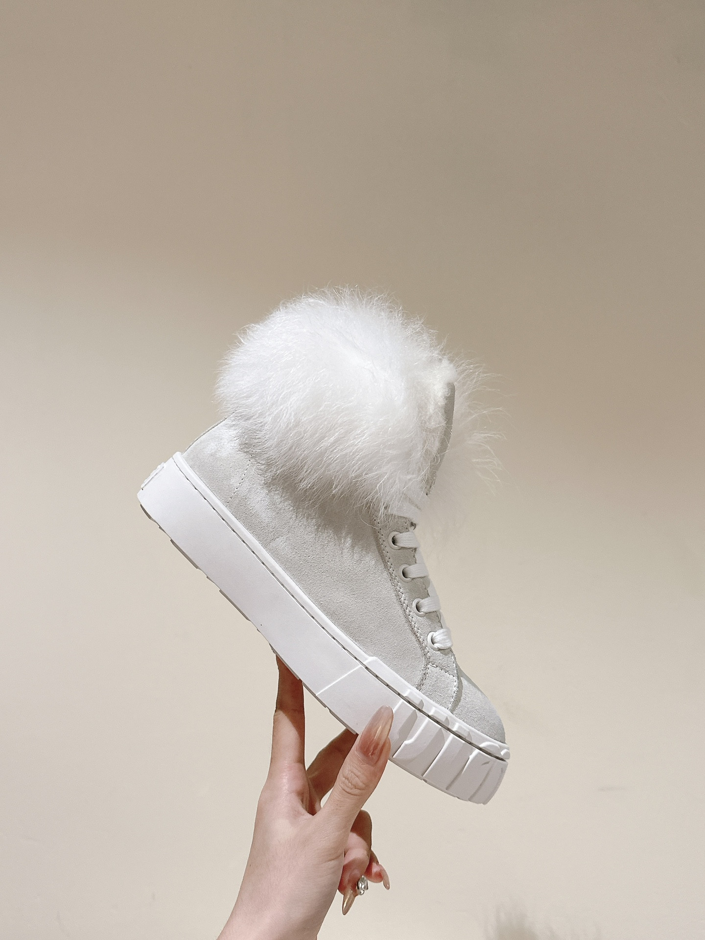 Miu Miu High Top Shearling-Lined Suede Sneakers Beige