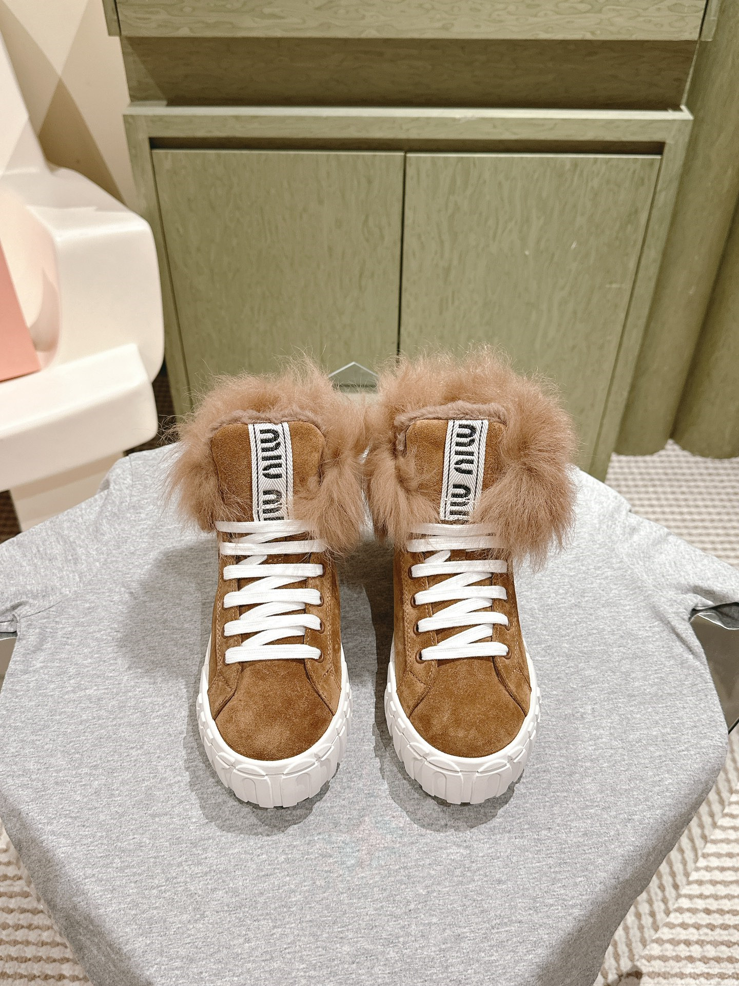 Miu Miu High Top Shearling-Lined Suede Sneakers