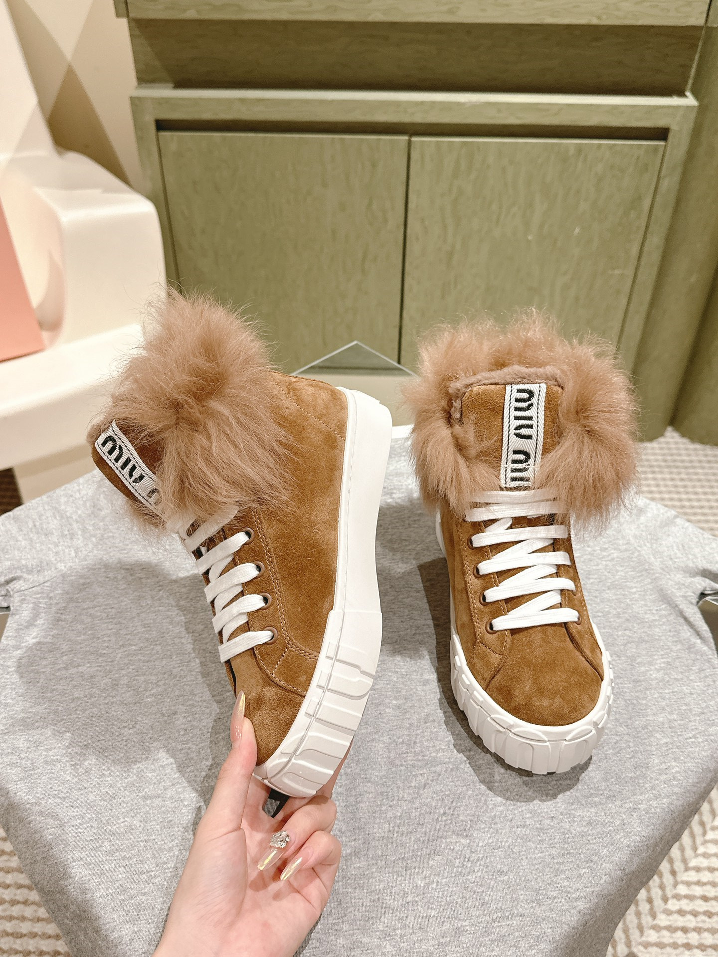 Miu Miu High Top Shearling-Lined Suede Sneakers