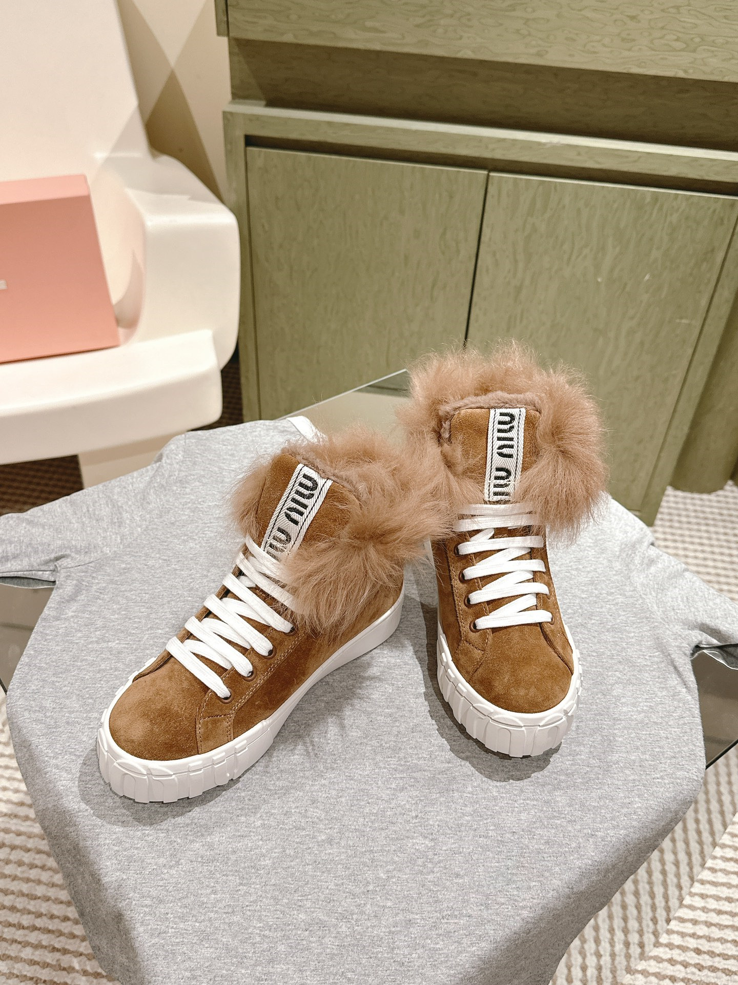Miu Miu High Top Shearling-Lined Suede Sneakers