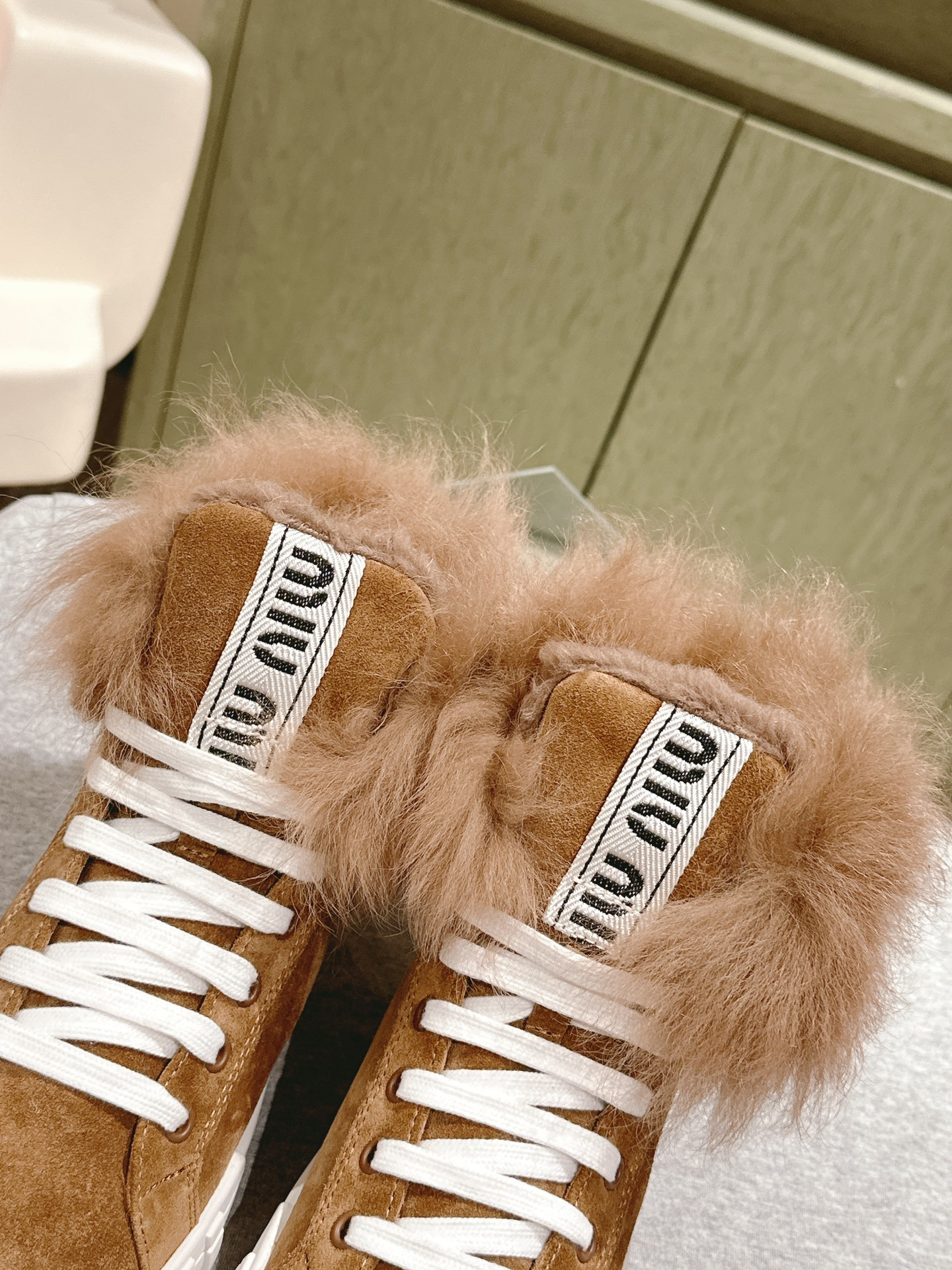 Miu Miu High Top Shearling-Lined Suede Sneakers