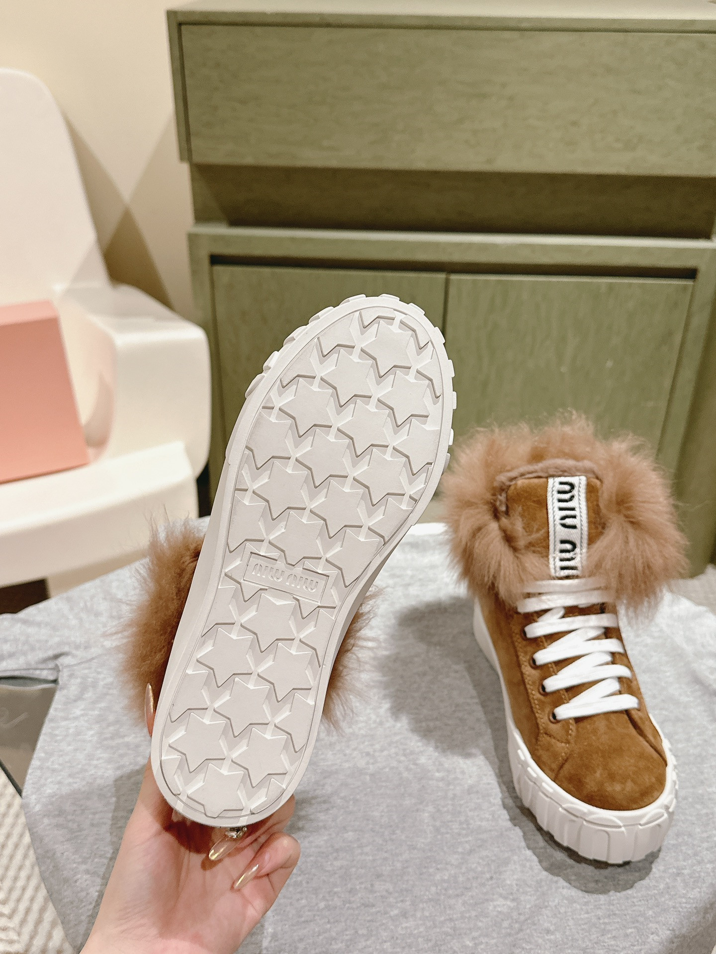 Miu Miu High Top Shearling-Lined Suede Sneakers