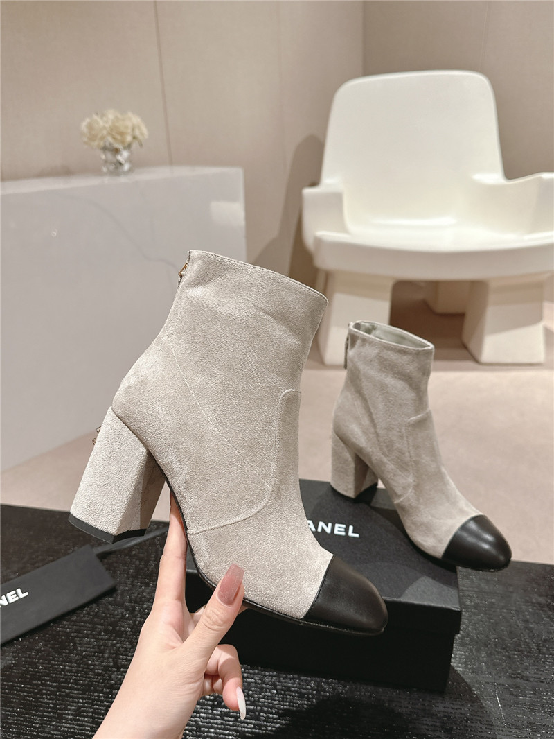 Ch**el beige suede calfskin block heel ankle boots