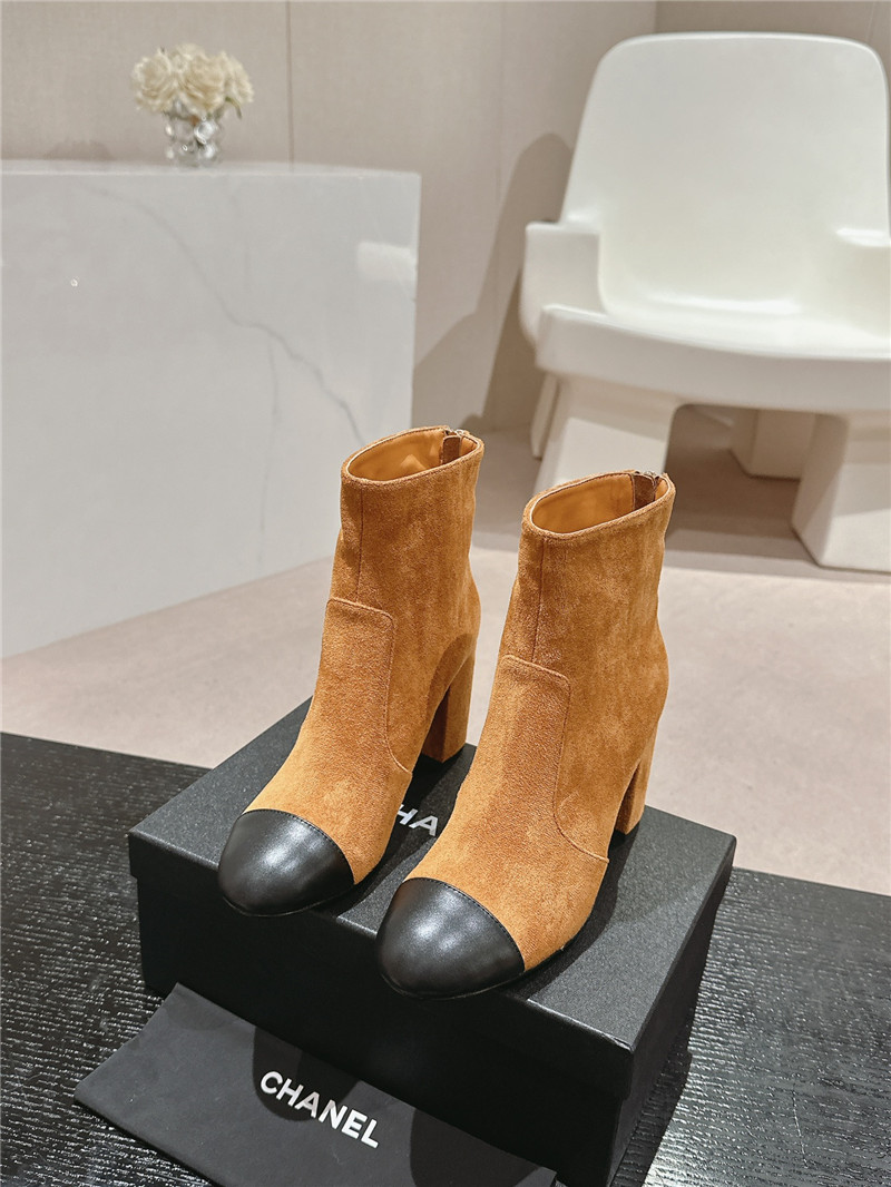 Ch**el brown suede calfskin block heel ankle boots