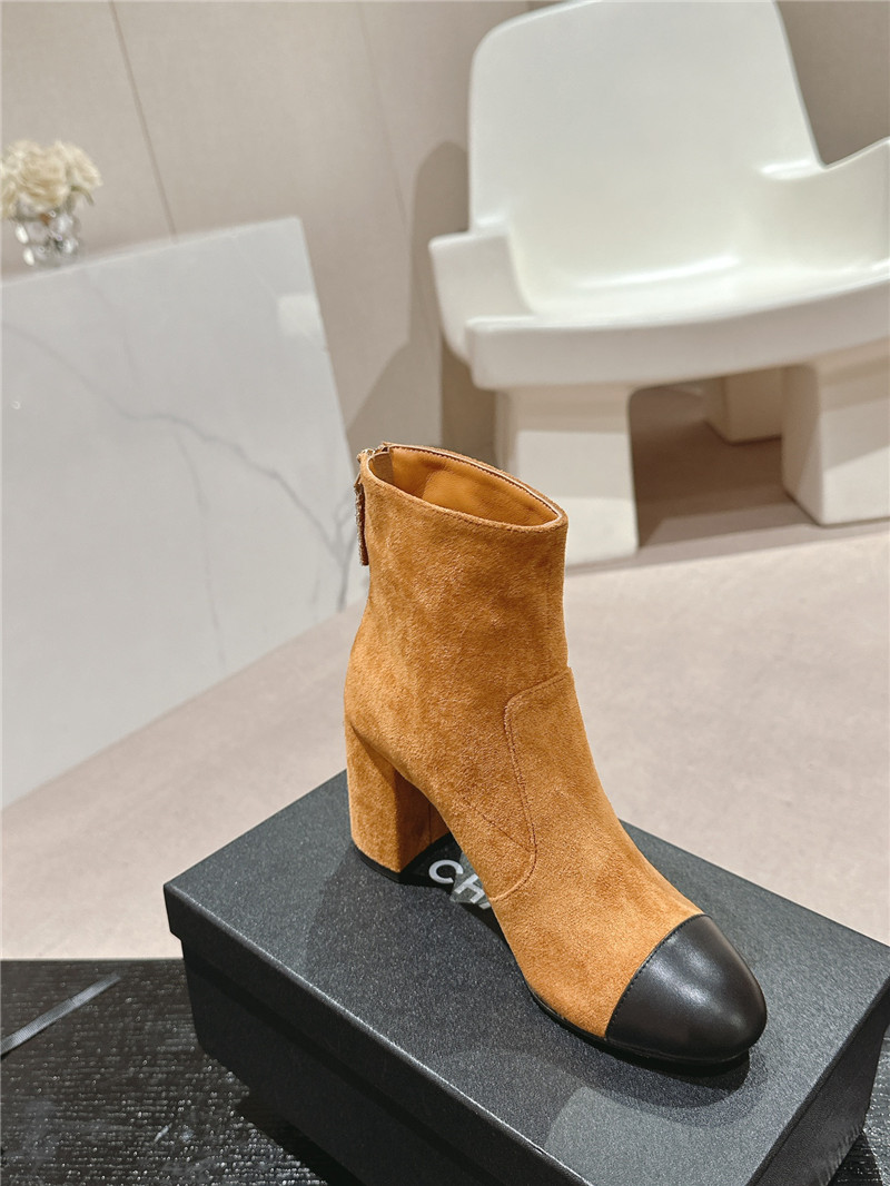 Ch**el brown suede calfskin block heel ankle boots