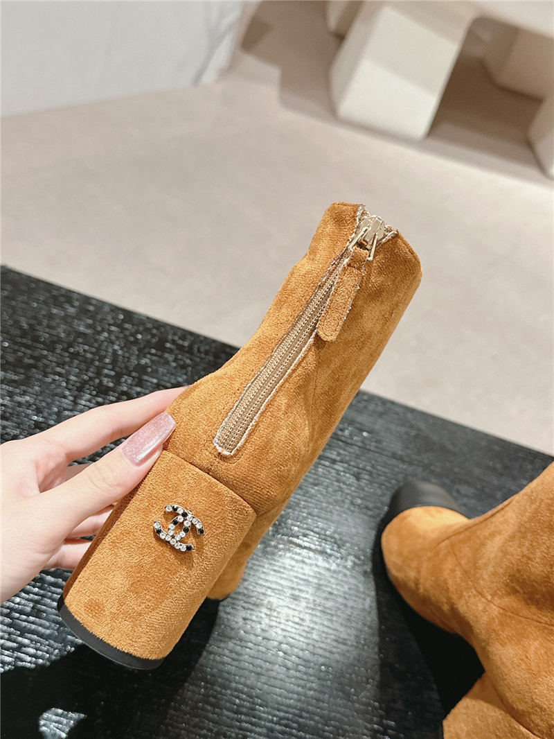 Ch**el brown suede calfskin block heel ankle boots