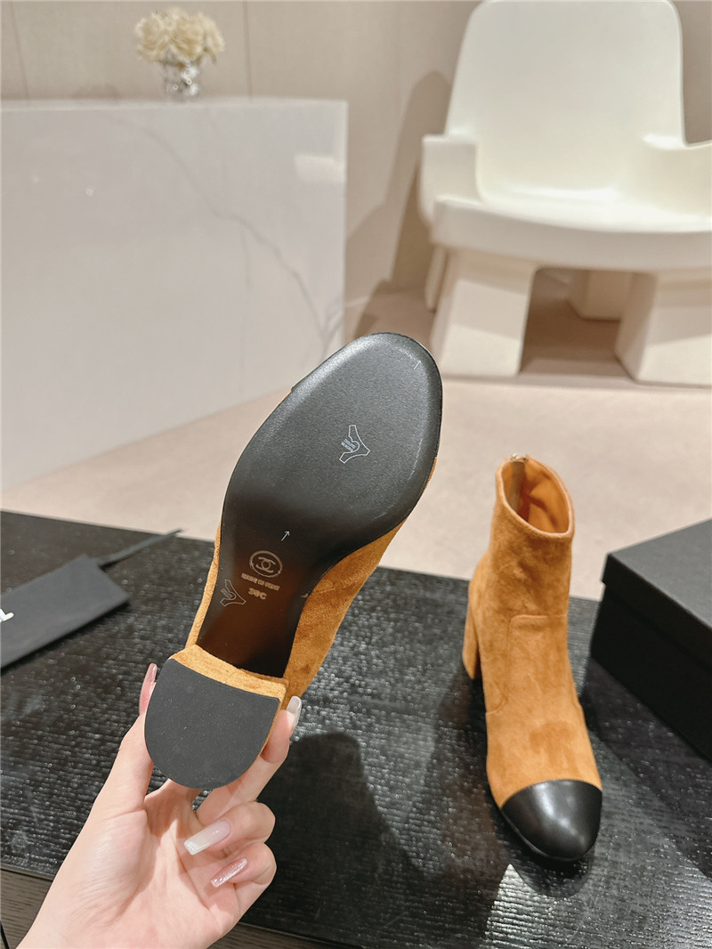 Ch**el brown suede calfskin block heel ankle boots