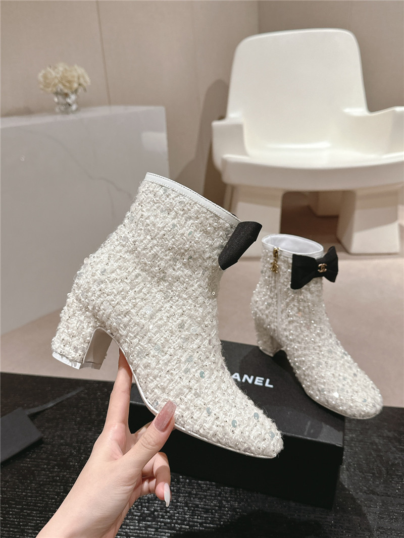 Ch**el white block heel sequin ankle boots