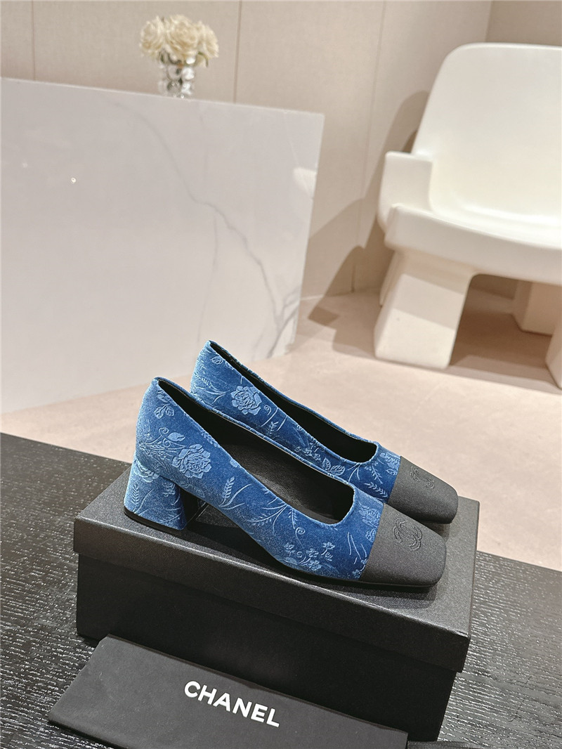 Ch**el ballet heel pumps in blue floral print suede